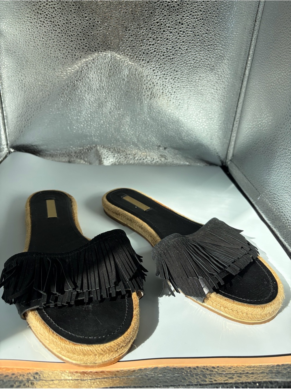 Louise et Cie Black Fringe Espadrille Slide Mules